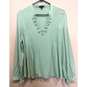 Pale Green Jewled Collar V-Neck Peasant Blouse Women's Sz M